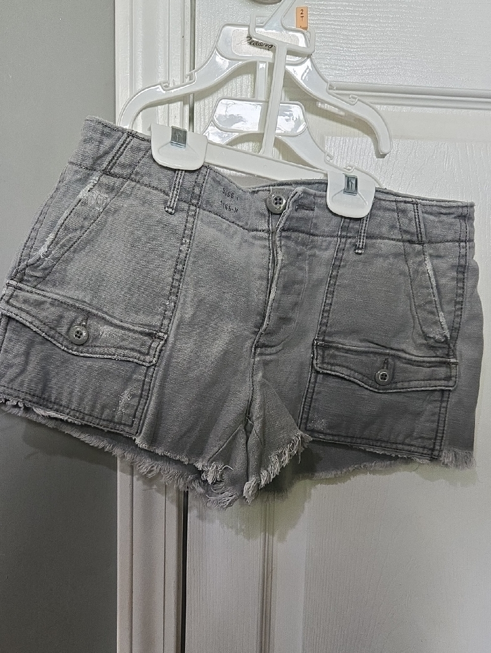 American Eagle Outfitters Gray Denim Cargo Frayed Hem Shorts